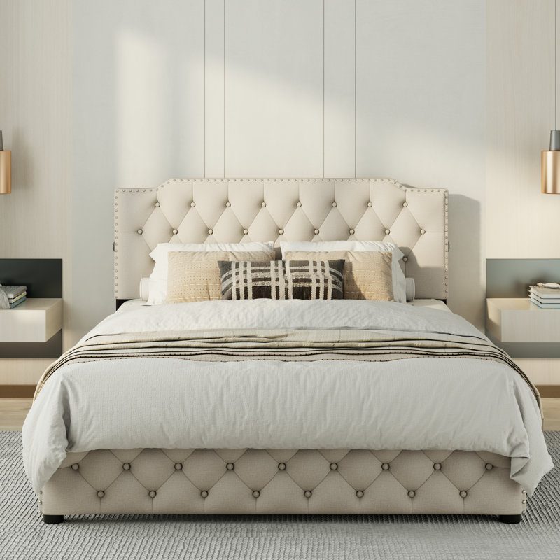 Alcott Hill Cathlina Tufted Upholstered Linen Platform Queen Bed with 2 USB Ports and 2 Storage Drawers Wayfair